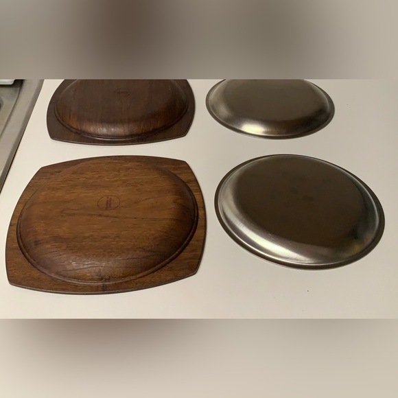 Set of 2 Vintage Mid Century Modern Genuine Walnut Steel Sizzler Plates - Picture 14 of 16